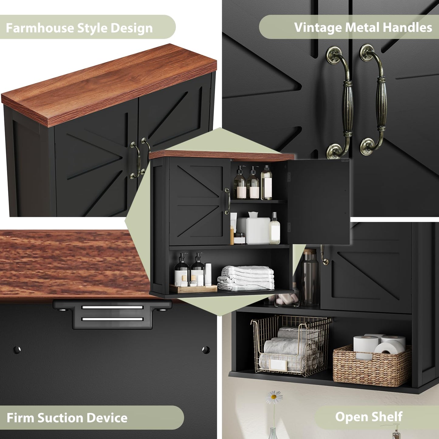 Smuxee Farmhouse Bathroom Cabinet Wall Mounted, Black Medicine Cabinet with Adjustable Shelf, Bathroom Cabinet for Living Room, Laundry Room