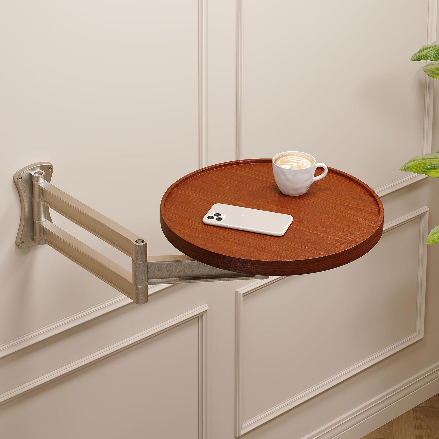 Vanpoo Wall Mounted Folding Table,Walnut Bedside Shelf Wall Mount Floating Wall Desk for Small Spaces,11.8" Round Wood TableTop with Aluminum Alloy
