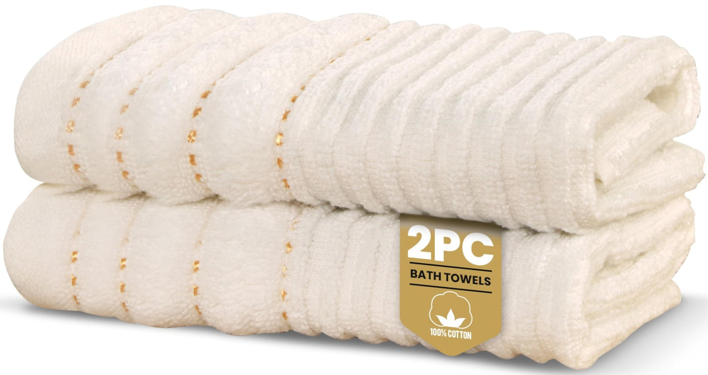 Rapport Home Linear Bath Towels 2-Pack | Ivory Cream | 70x120cm | 100% Cotton 500gsm | Oeko-Tex Made in Green & BCI Certified