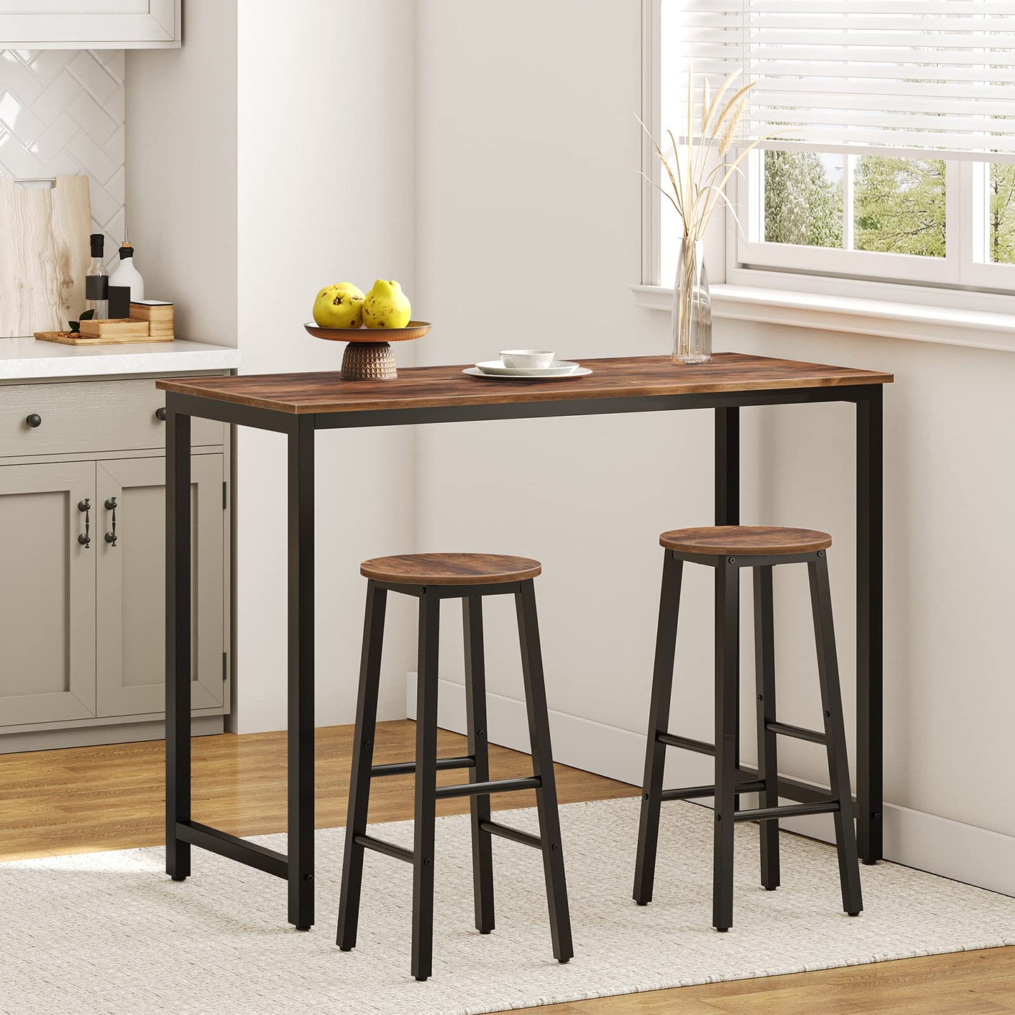 HOOBRO Bar Stools Set of 2, Kitchen Breakfast Bar Chiars, Industrial 63 cm Height Stools for Dining Room, Kitchen, Solid and Stable, Rustic Brown and