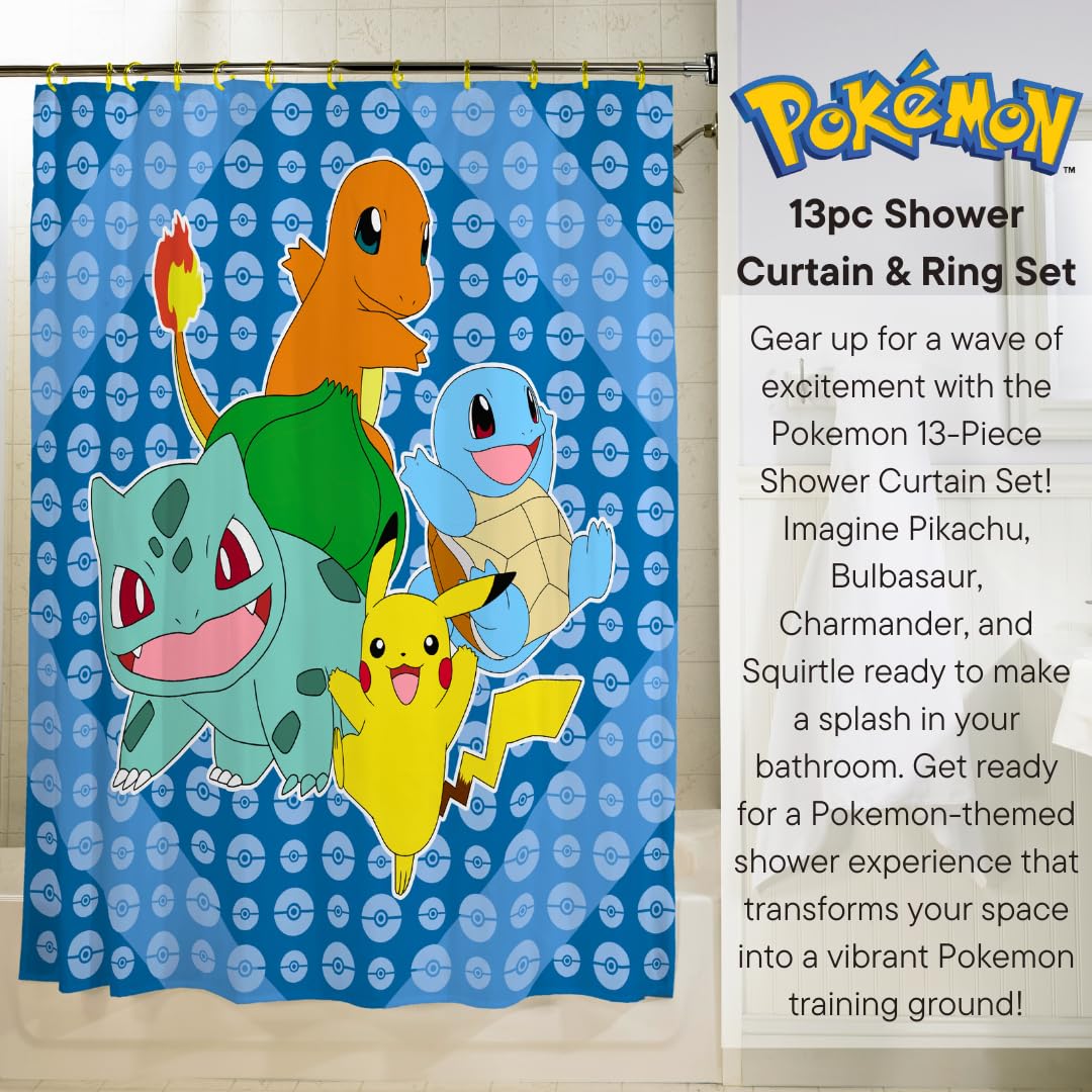 Franco Pokemon Anime 13 Piece Shower Curtain and Ring Set, (100% Officially Licensed Product)
