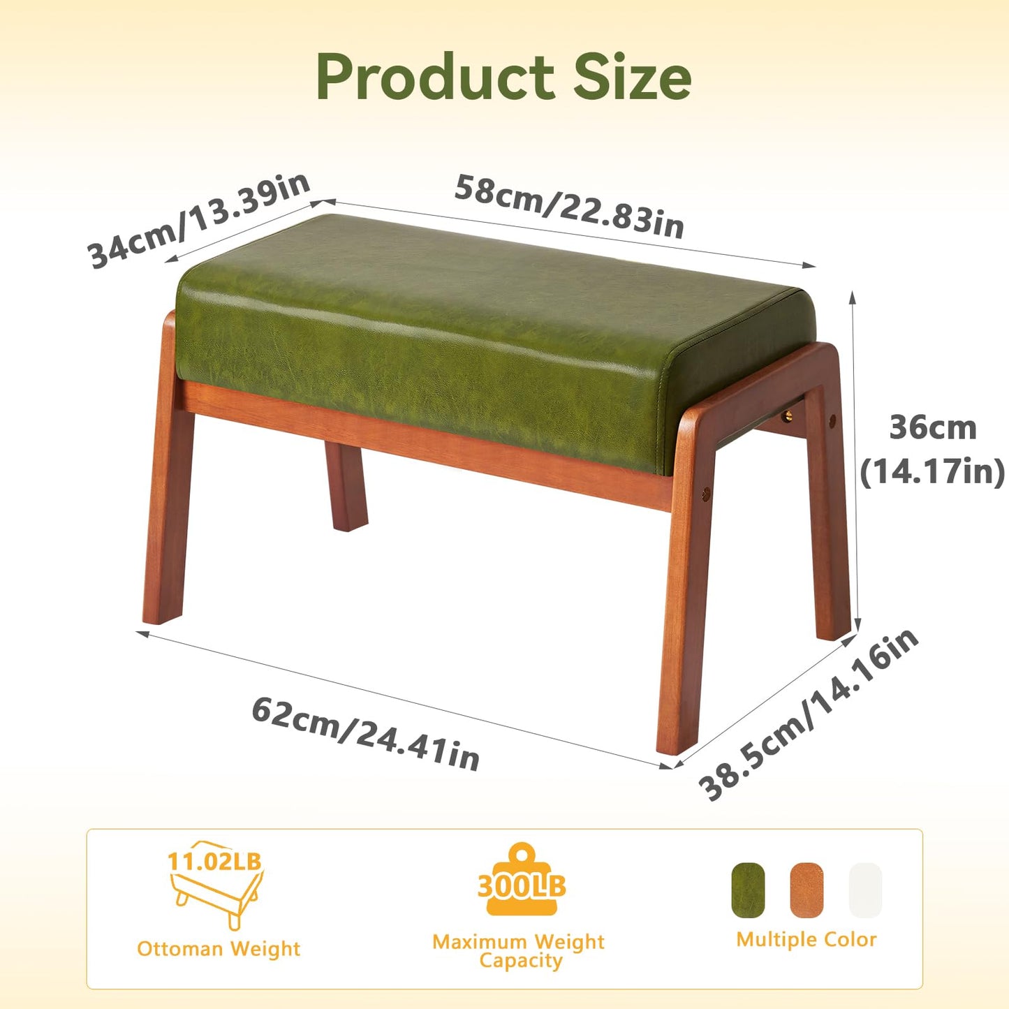 IBUYKE 14.2” H Large Foot Stool Ottoman, Rectangle PU Faux Leather Foot Rest with Padded Seat and Wood Legs