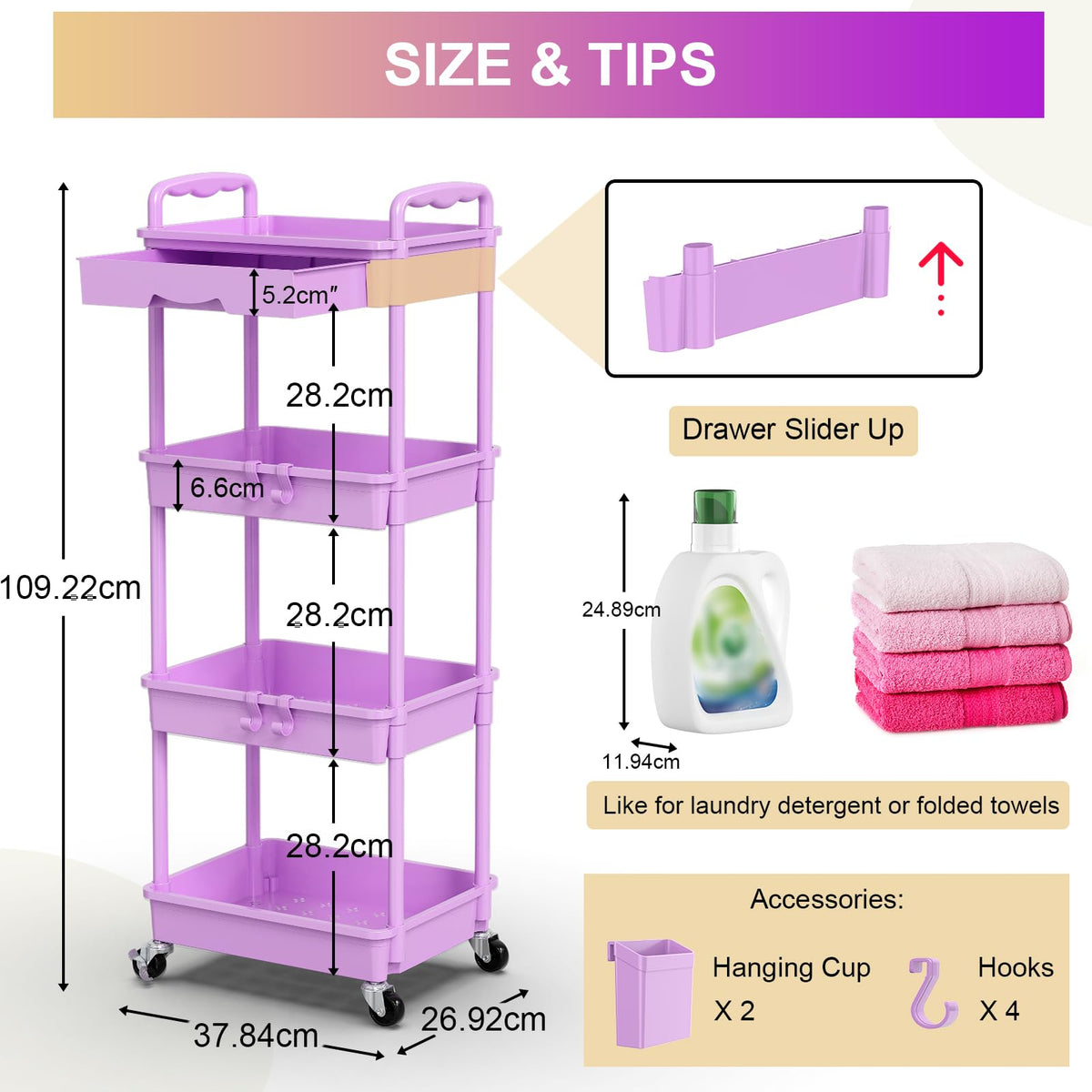 Yeabett 4 Tier Storage Trolley with Drawer, Utility Cart with Plastic Shelf & Lockable Wheels Multifunctional Storage Cart for Kitchen, Bathroom