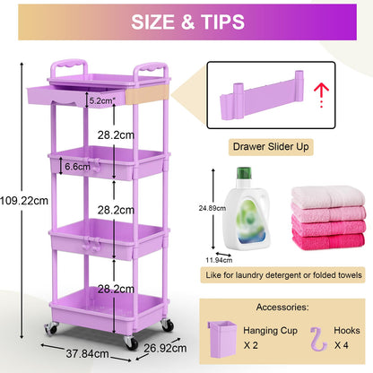Yeabett 4 Tier Storage Trolley with Drawer, Utility Cart with Plastic Shelf & Lockable Wheels Multifunctional Storage Cart for Kitchen, Bathroom