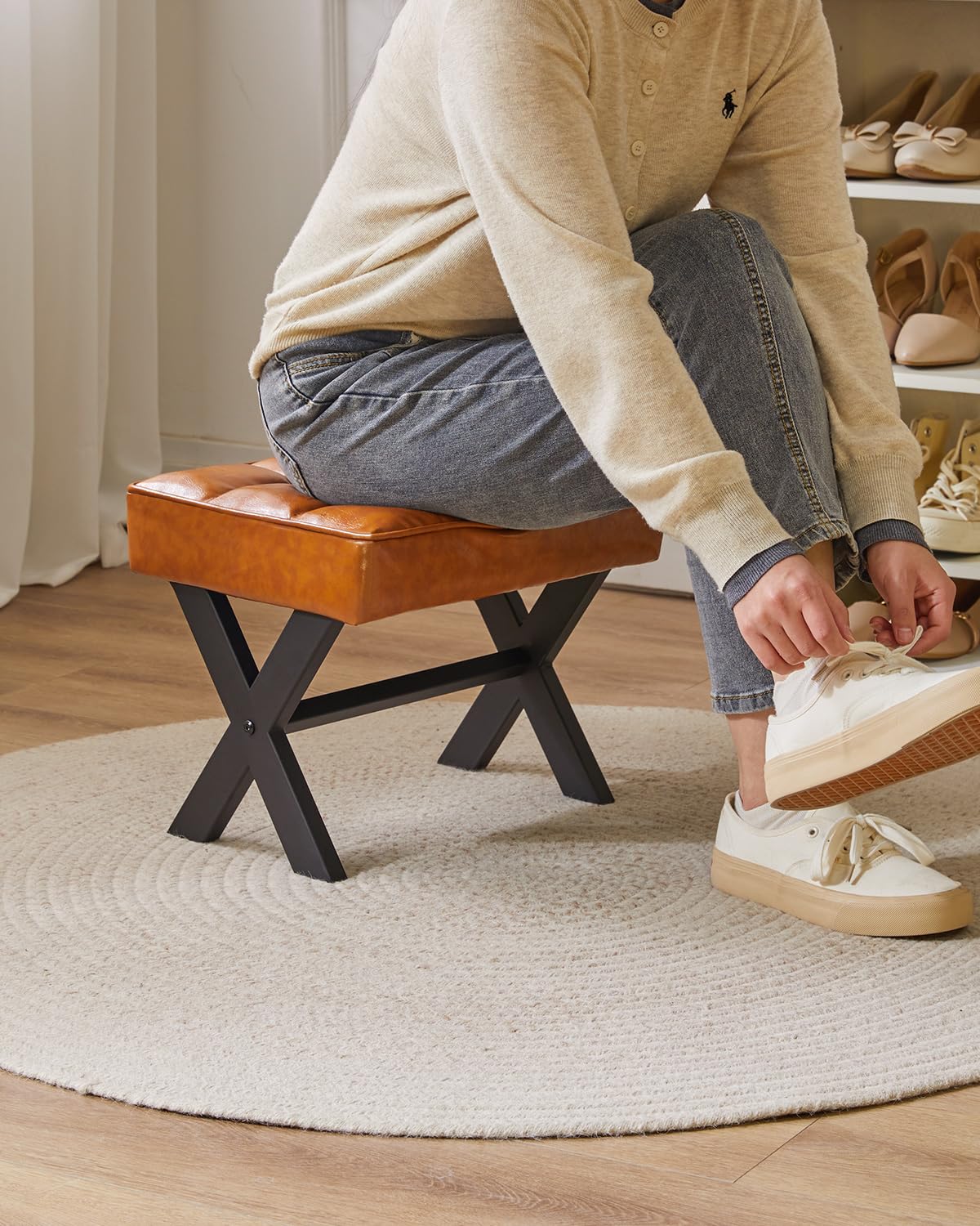 IBUYKE Small 12" H Footrest, Square PU Step Stool, Light Brown WBD012J