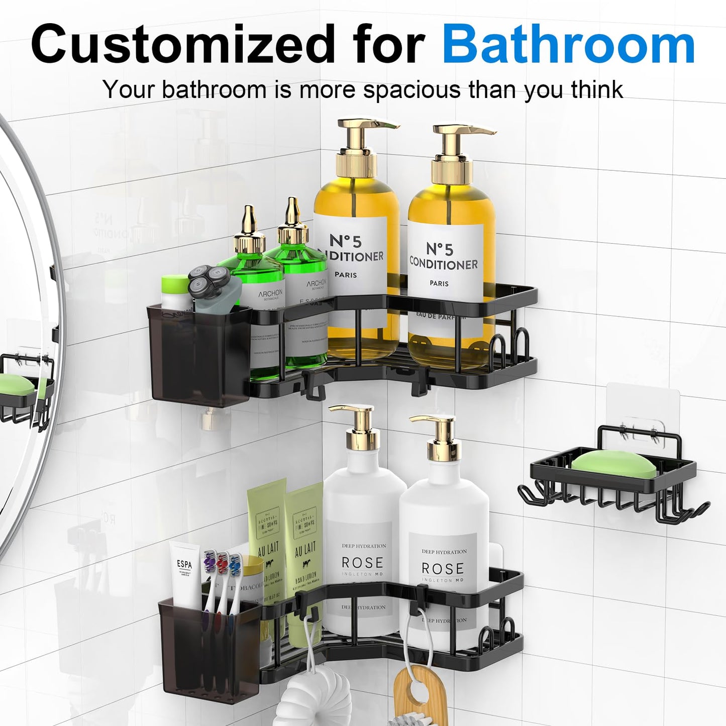 IMURZ Bathroom Storage Shower Caddy, 5 Pack Bathroom Organiser Corner Shelves with Soap Holder & Toothpaste Holder