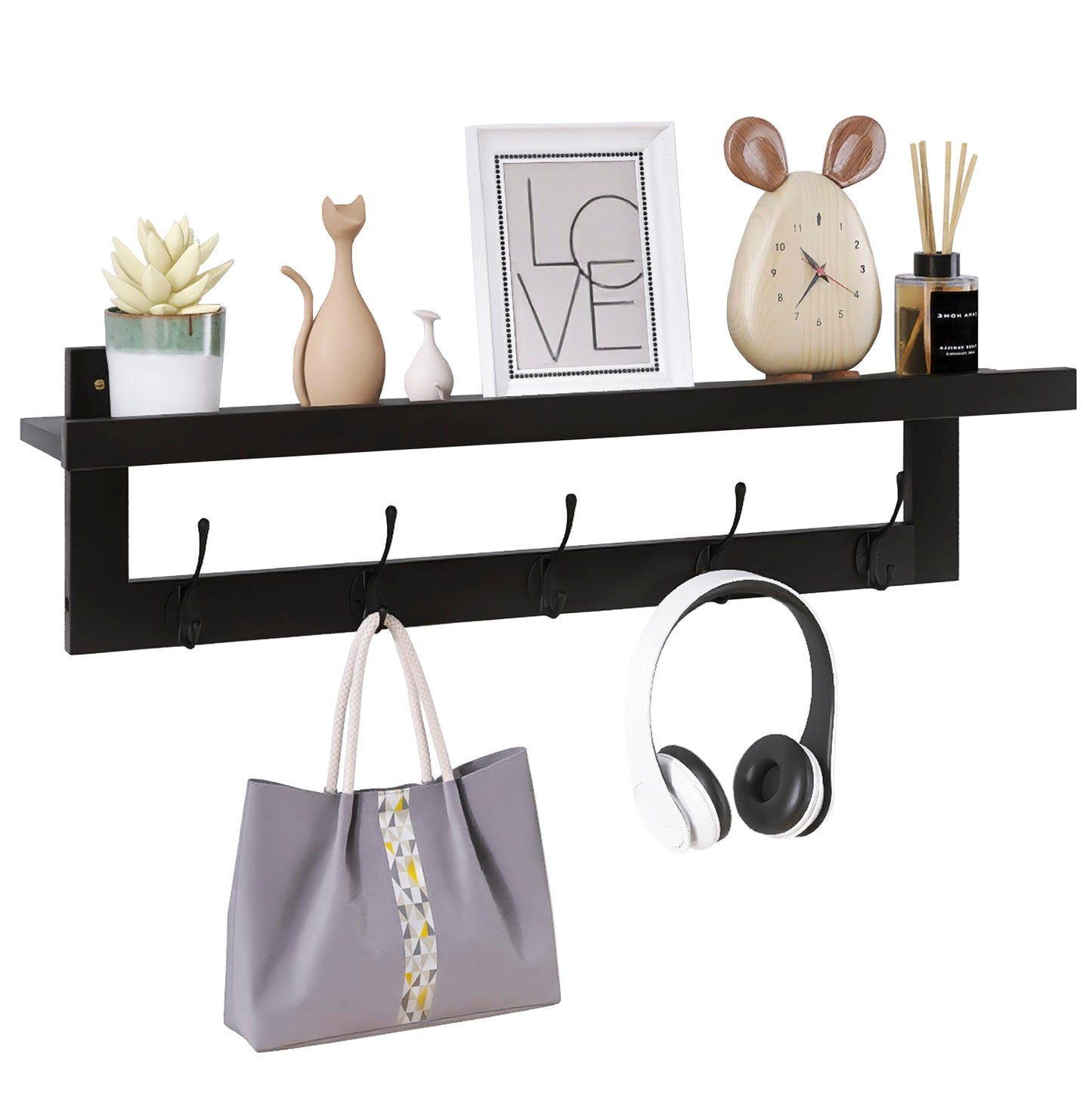SMIBUY Coat Hooks with Shelf Wall-Mounted, 74 cm Entryway Coat Rack for Wall, Bamboo Hanging Shelf with 5 Double Metal Hooks for Bathroom, Bedroom