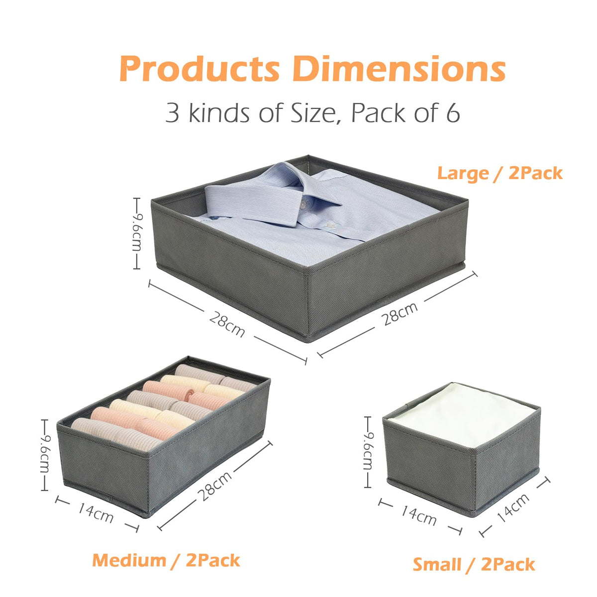 QINGGENG Drawer Organiser Foldable, 6 Pack Grey Fabric Drawer Dividers, Wardrobe Storage Organiser for Drawers, Closet