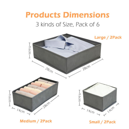 QINGGENG Drawer Organiser Foldable, 6 Pack Grey Fabric Drawer Dividers, Wardrobe Storage Organiser for Drawers, Closet