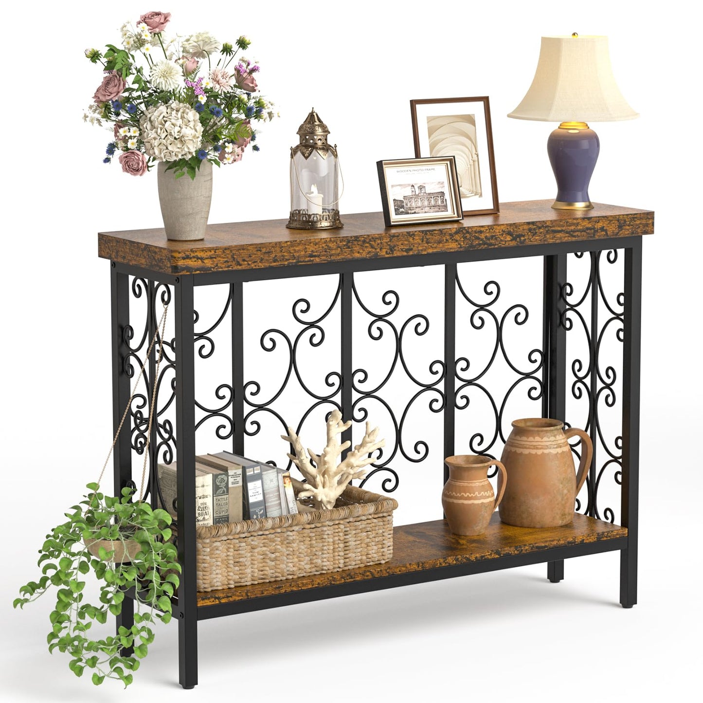 ikkle Console Table - 42.5" Industrial Hallway Table with 2-Tier Storage Shelf, Wood Behind Sofa Table Plant Stand Shelf TV Stand for Entryway