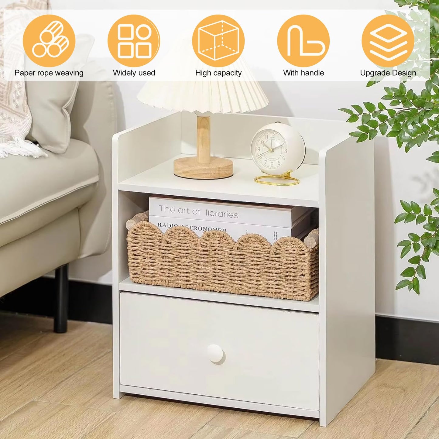 Storage Baskets Set of 2, Woven Wicker Hamper Basket with Handles, Scalloped Edge Rope Toilet Paper Tray, Organizer Bins for Bathroom, Shelf, Kitchen