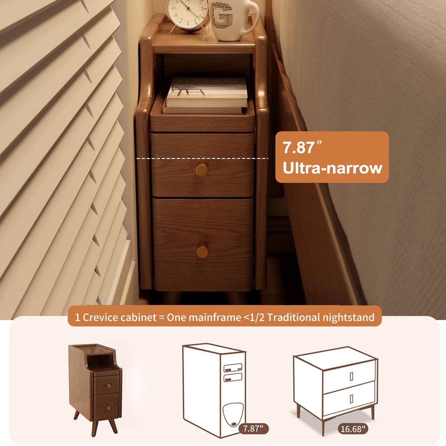 AQIMUELE Small Bedside Table, Narrow Bedside Cabinet with 2 Drawers, Slim Bedside Table for Bedroom, 20cm (Walnut)