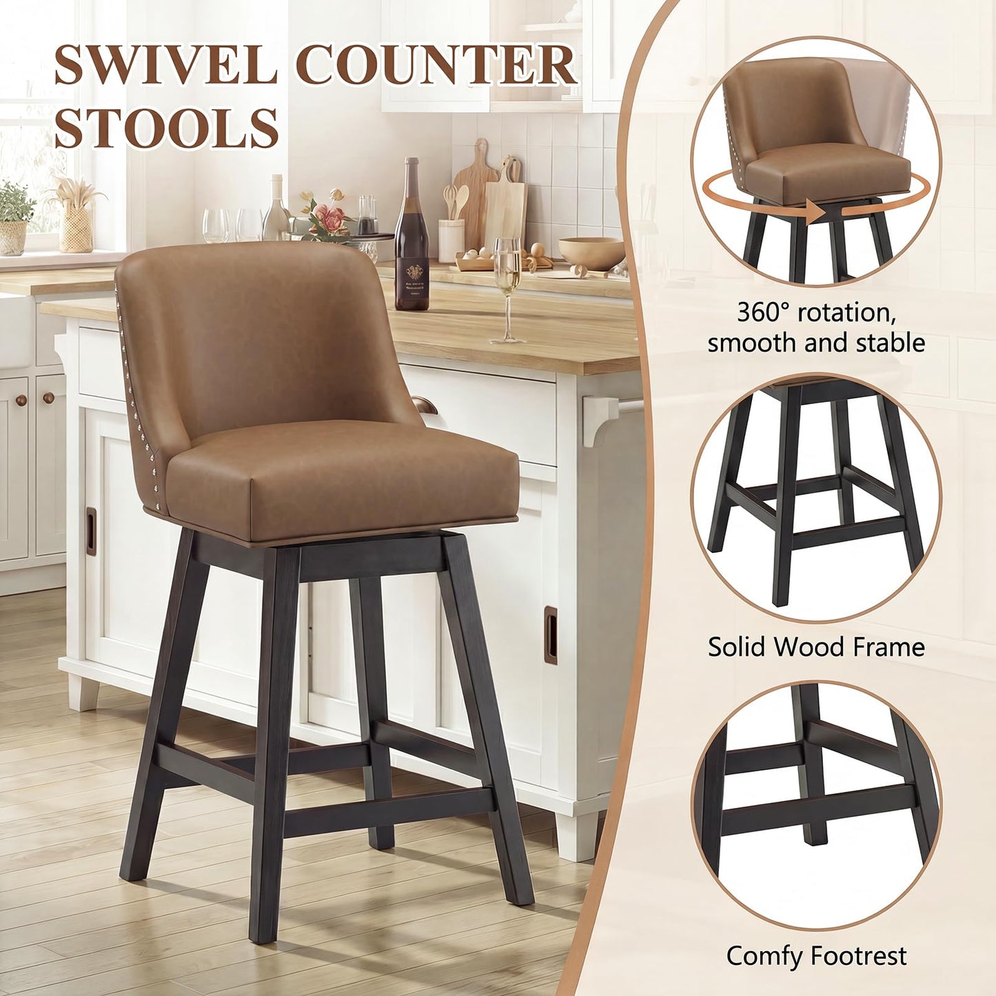 Bar Stools Set of 4, 360° Swivel Upholstered Counter Stools with Back, Wooden Frame Kitchen Bar Chairs with Nailhead Trim