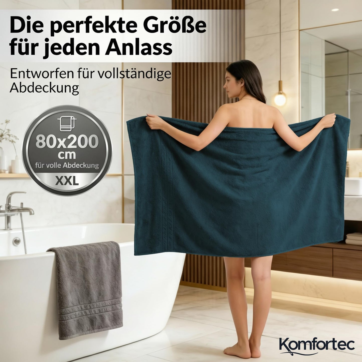 Komfortec Jumbo Bath Towels, 100% Cotton, Quick Dry, 80x200, Grey & Teal
