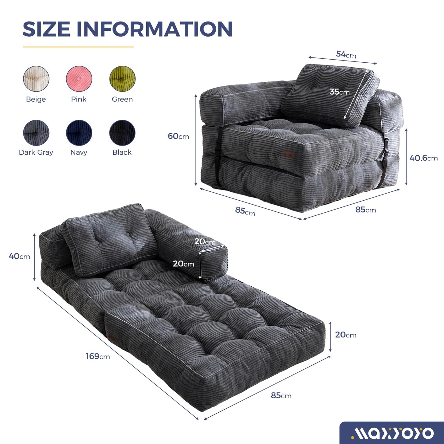 MAXYOYO Foldable Sofa Bed,Bean Bag Couch Convertible Sleeper Chair with Armrest L-Shaped Floor Lounge Sofa with Pillow Portable Lounge Seat for