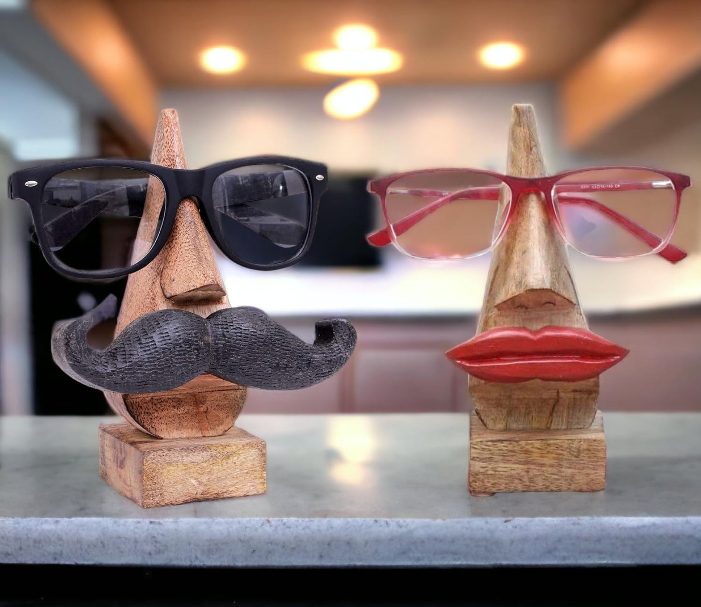 Ajuny Wooden Glasses Holder Decorative Lip and Moustache Design Set of 2