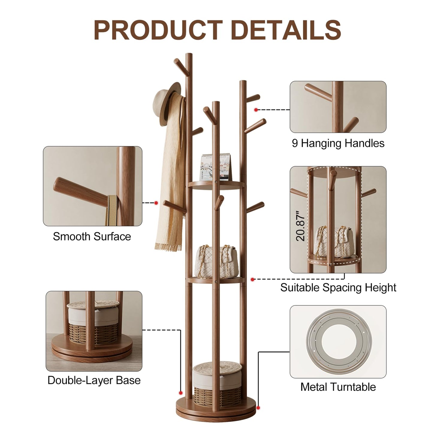 AQIMUELE Coat Stand, Wooden Coat Rack Stand with 3 Storage Shelves and 9 Hooks, Freestanding - Rotatable Coat Hanger Stand