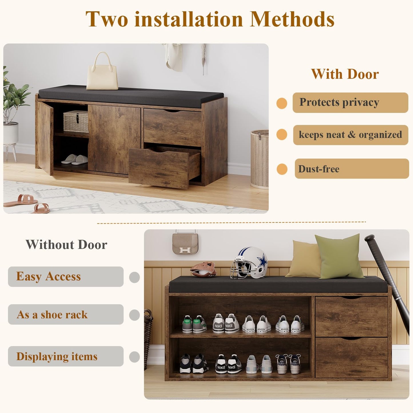 LVB Entryway Shoe Bench, Rustic Storage Bench with Cushioned Seat, Long Hidden Shoe Organizer Bench with 2 Drawers