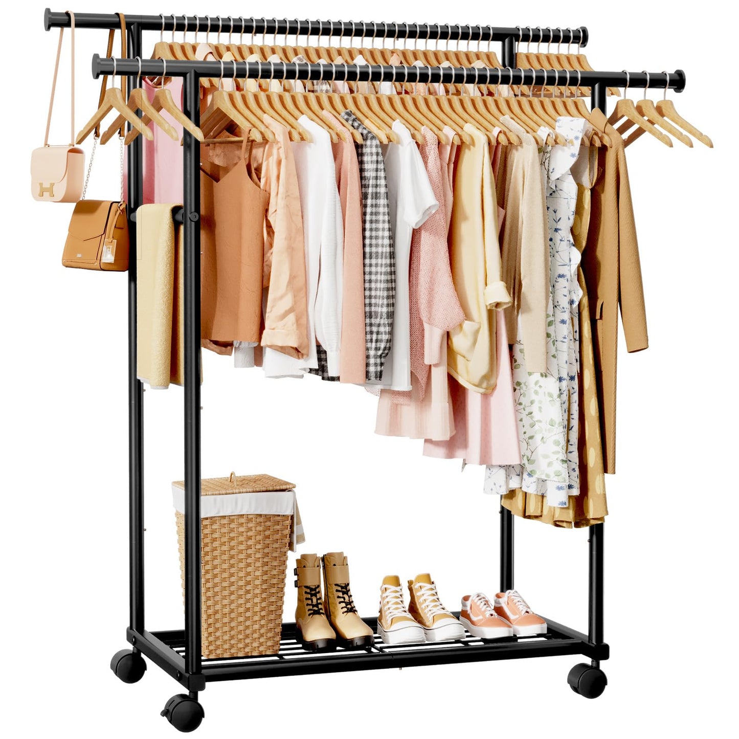 Sakugi Double Rod Clothing Rack with Shelf & Wheels, 98x42x150cm, Black