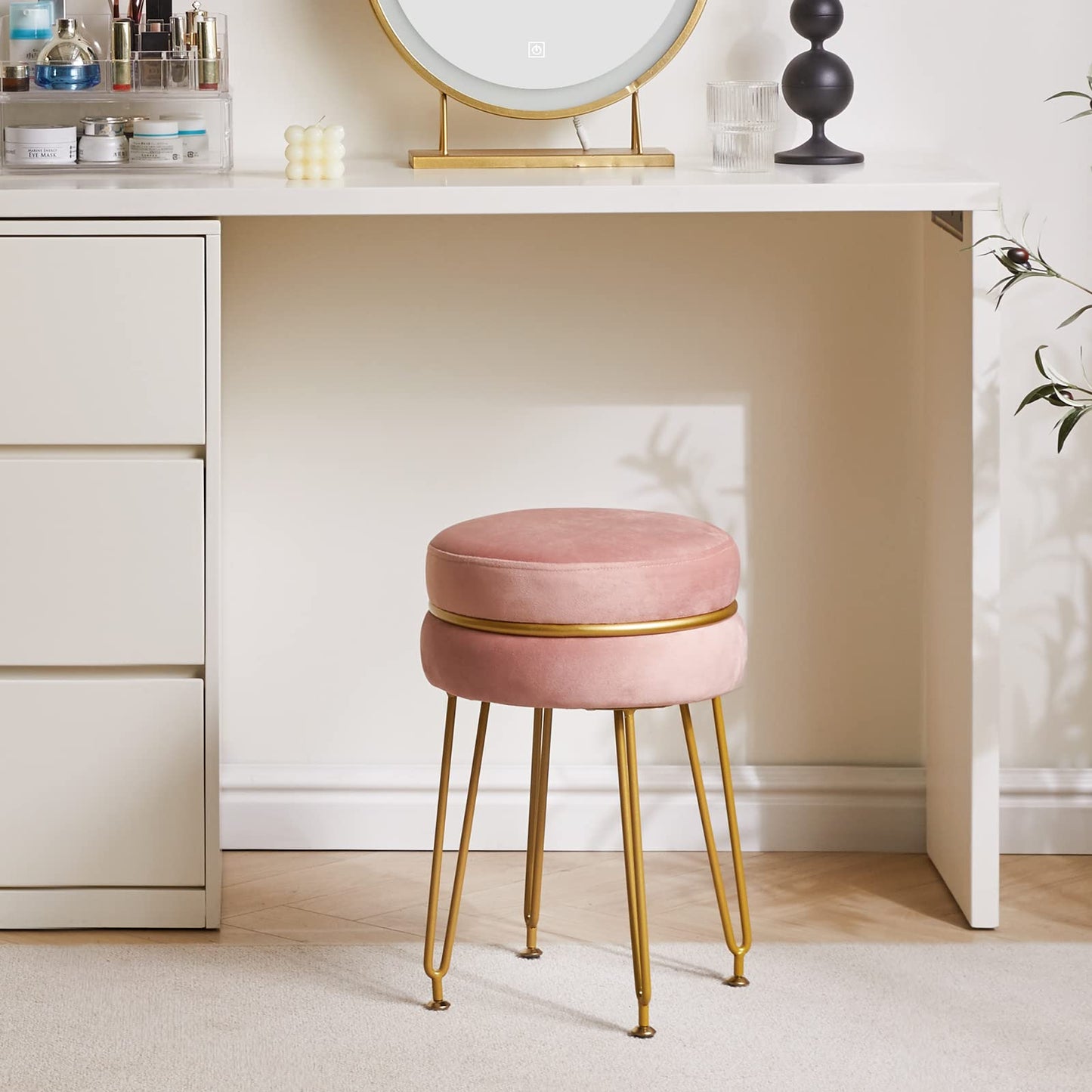 IBUYKE Velvet Round Footstool Ottoman, Vanity Chair Stool, Pink L/G-40P