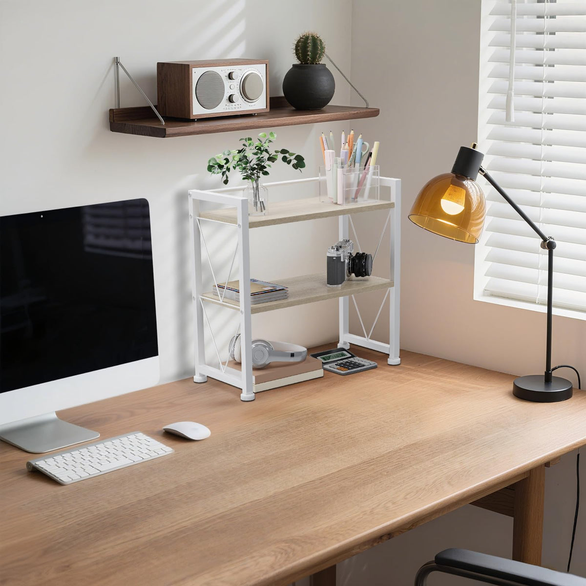 VSIWB Desk Shelf Organizer, 2 Tier Office Shelves, Wood Desk Storage Rack and Freestanding Display Shelf for Office, Dressing Table, Home 41x20x38cm