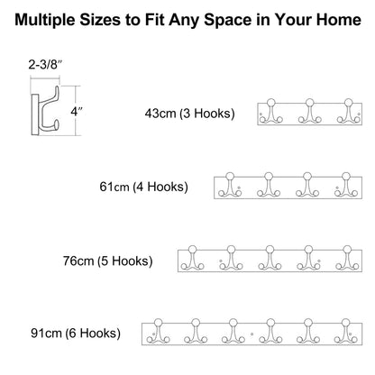 HONSKY Wall Mounted Coat Rack, 43cm Sapele Wood Base, Sturdy Aluminium Alloy 3 Triple Hooks 9 Hanging Points, Wall Coat Hanger for Entrance Hall