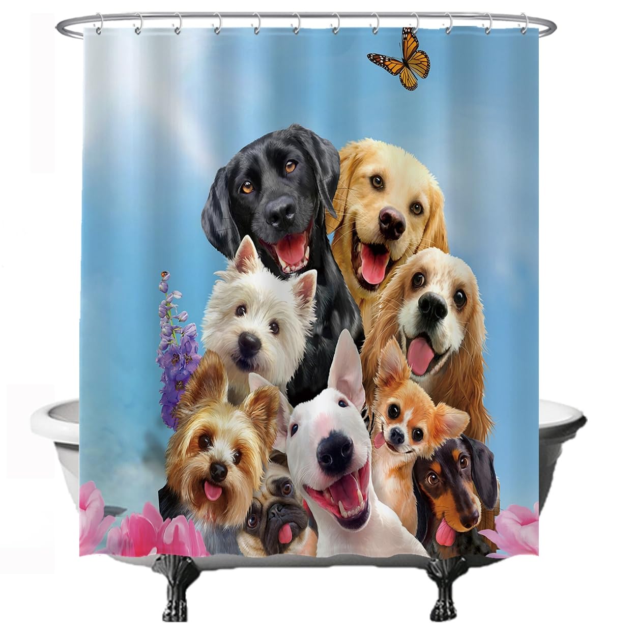 Ulticool Shower Curtain - Dog Animals Dogs - 180 x 200 cm - Washable - Waterproof - with 12 Rings