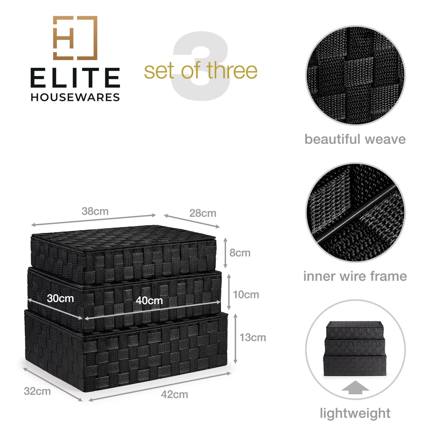 EHC Storage Boxes With Lid Set of 3, Storage baskets for shelves Woven, Storage Organiser Hamper Baskets, Black