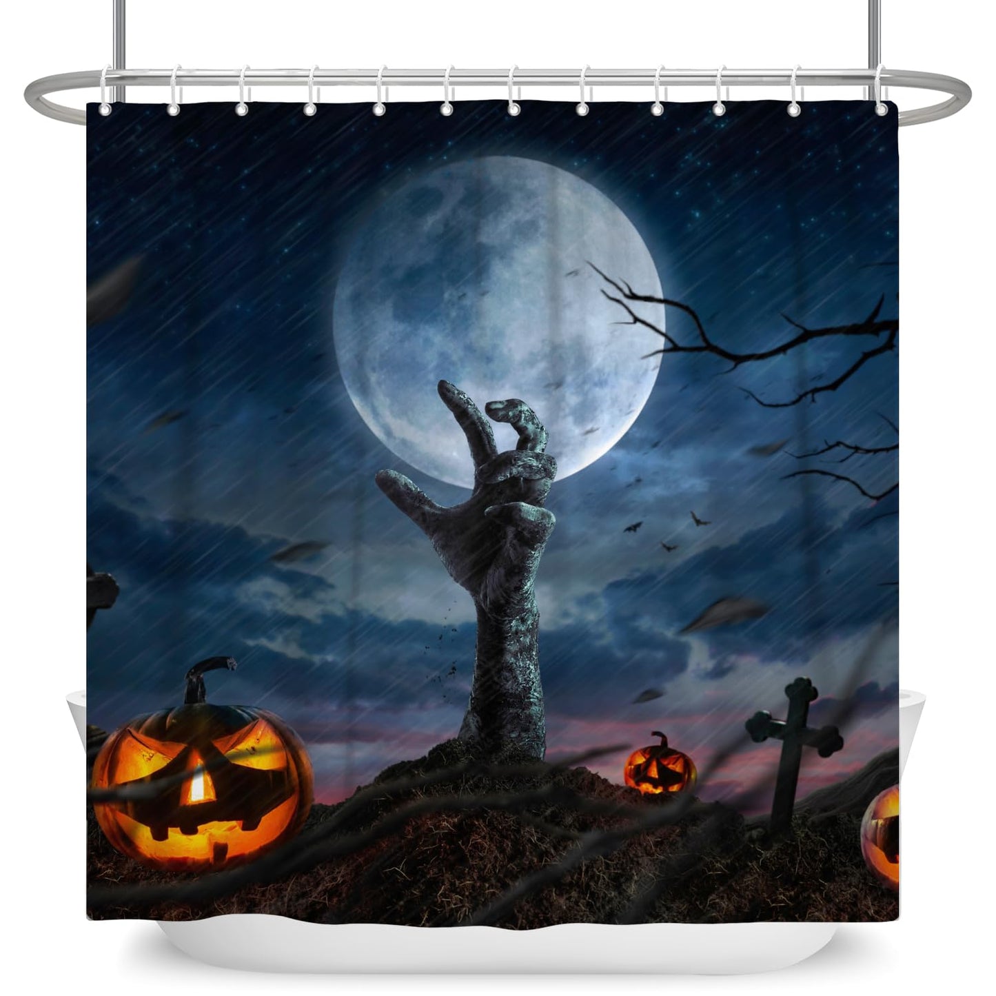 SDOTPMT 140x180cm Halloween Themed Shower Curtain Horror Haunted Hand Pumpkin Lanterns Bath Curtain Creepy Night Moon Bathtub Curtain for Bathroom