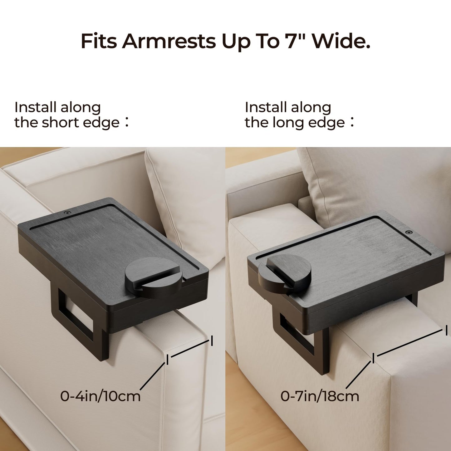 Wealone Mini Black Couch Arm Table for Narrow Armrest, Sofa Arm Tray with Storage Box, Rotating Tabletop and Phone Stand