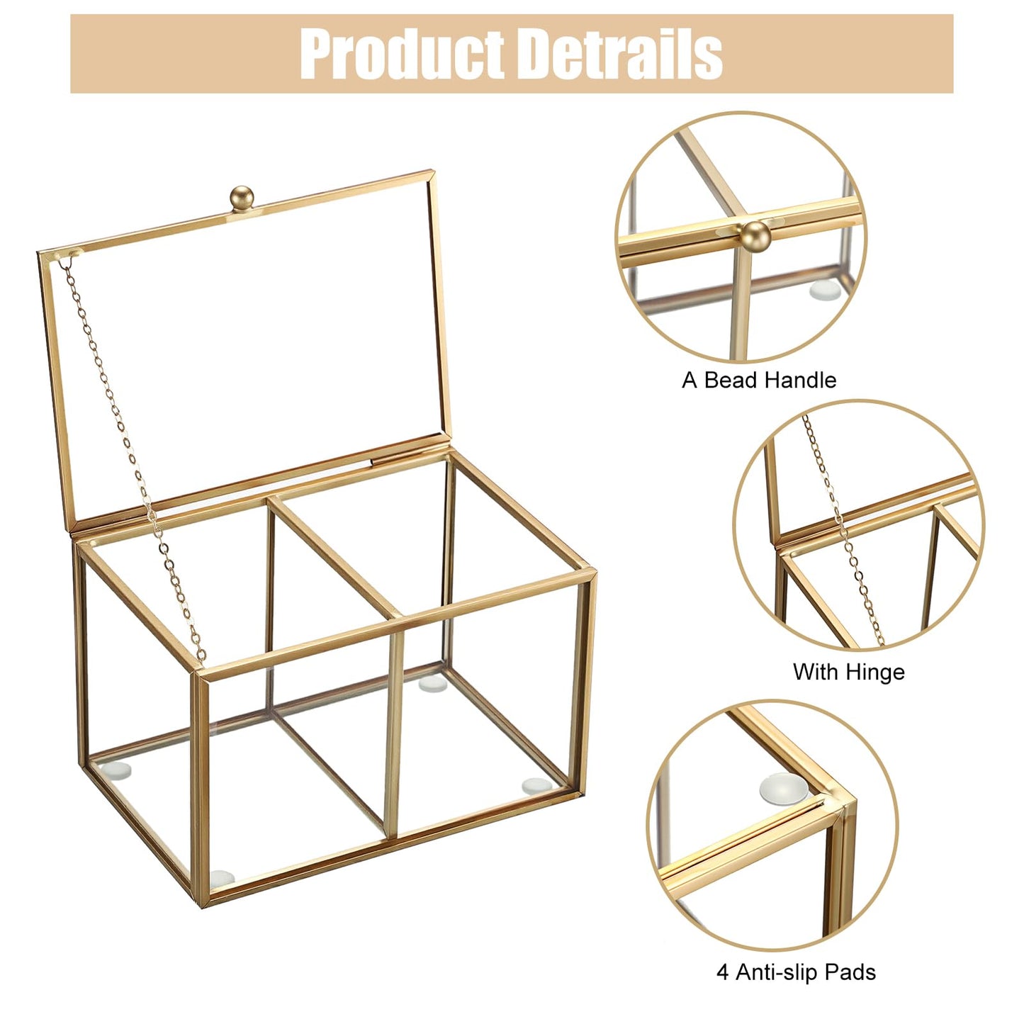 SUMTree Gold Glass Cotton Swab Holder with 2 Compartments, 14*9.5*9cm