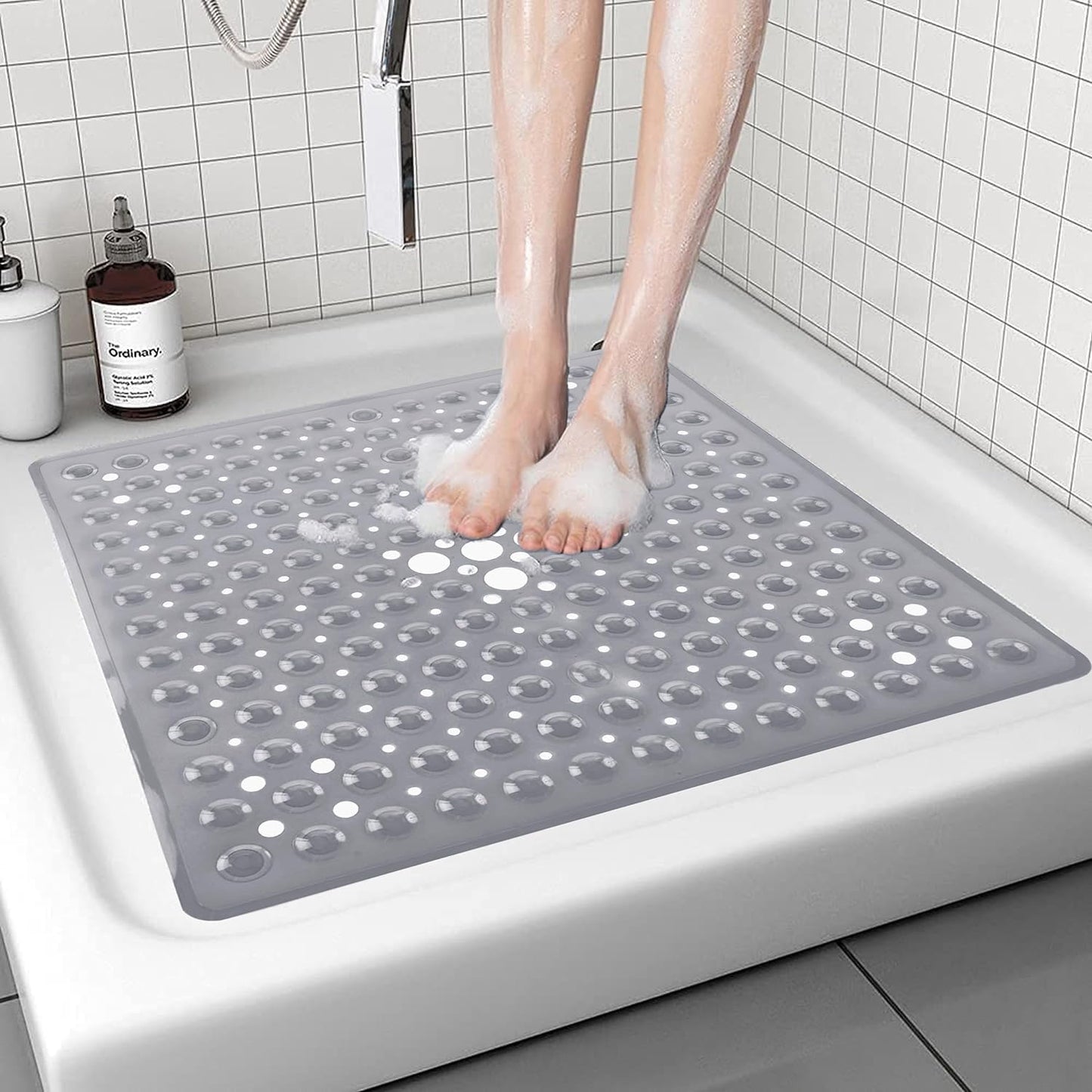 BedLooms Shower Mat Non Slip Anti Mould – Grey 53x53 cm Square Bath Mat for Bathroom & Bathtub with Strong Suction Cups Grip Bath Mats Easy Drain &