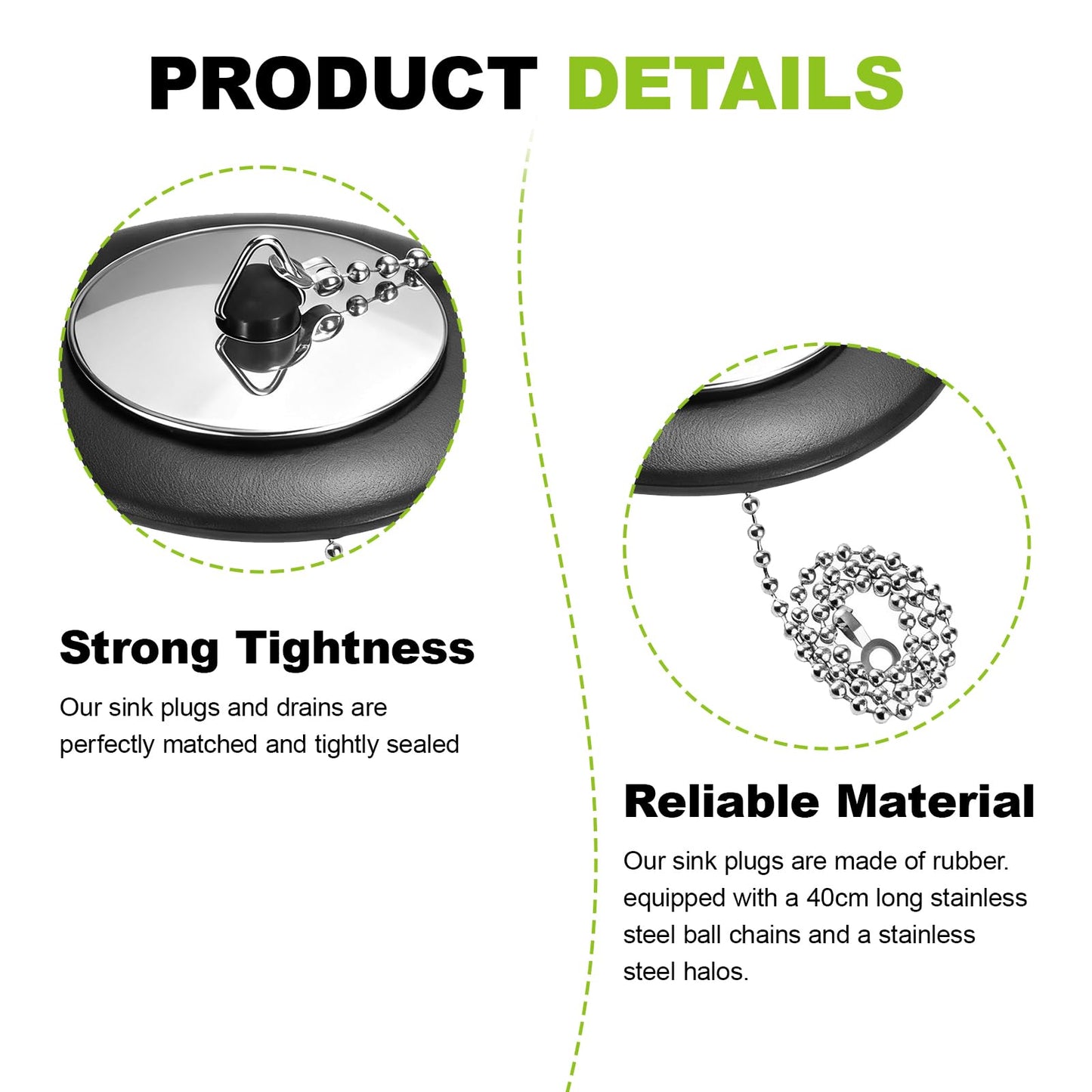 2 Pcs Universal bath plug with Stainless Steel Chain,bath plug and chain,bath plug replacement,43 mm to 45 mm Drain Stoppers Black Rubber for