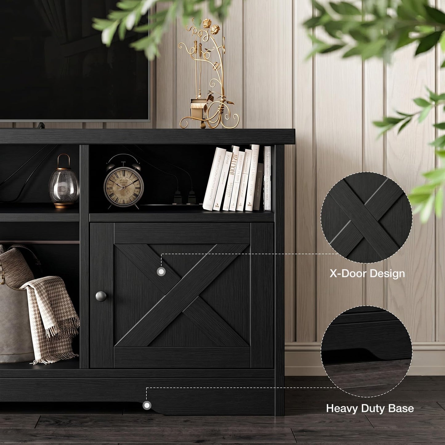 Coleshome Black TV Unit, TV Stand Cabinet with Sockets, USB and LED