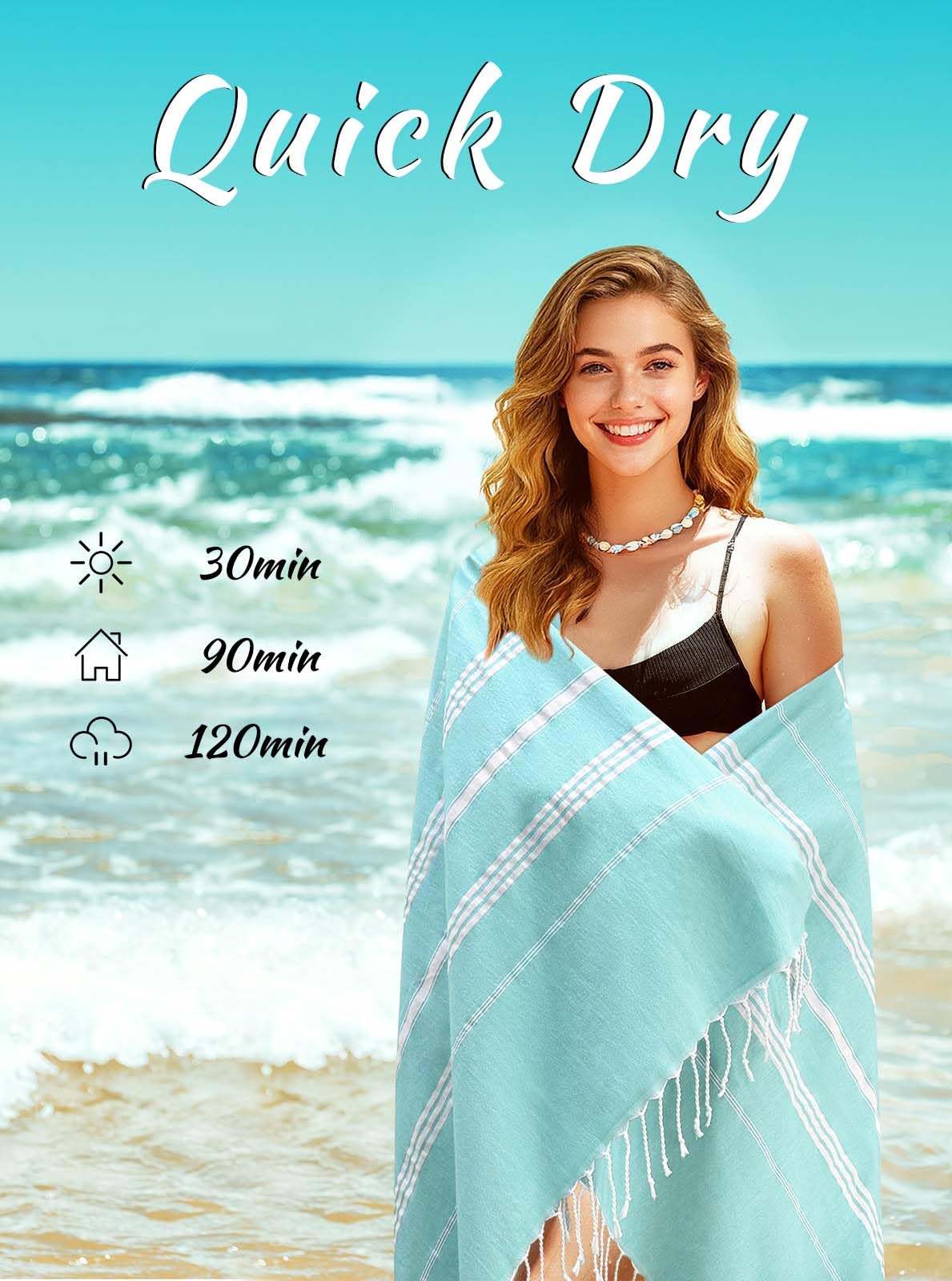 Ouxiaobai Turkish Beach Towel Oversized - 40"x70" Quick Dry Sand Free Thin Beach Towels for Adults, Extra Large Lightweigh Travel Towel(Aqua)