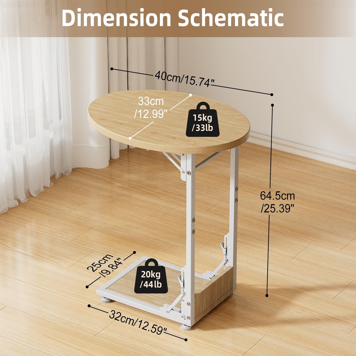 Mutool C Shaped Side Table, Foldable Round Sofa Table with Metal Frame, Small Coffee Table for Living Room Bedroom Office, Light Walnut