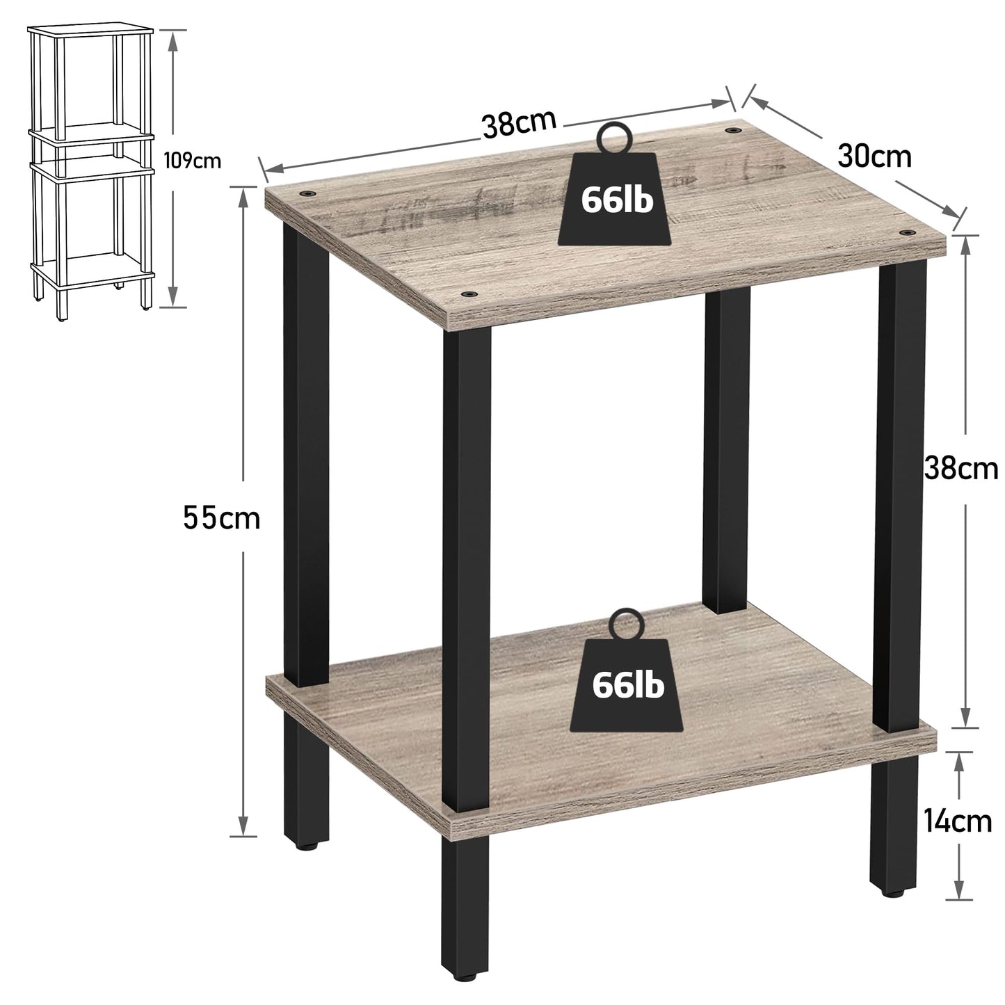 TUTOTAK Side Table, Bedside Table, Night stand, 2-Tier Storage Shelf, End Table for Small Space, Living Room, Bed Room, Greige TB01BG034EU