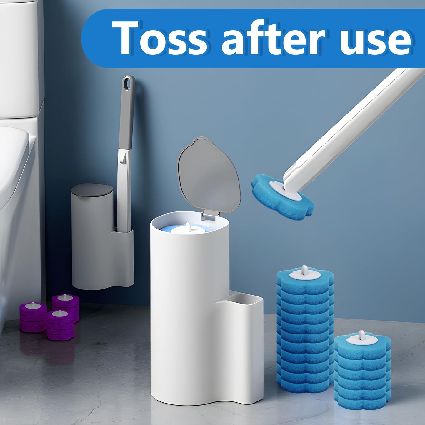 Disposable Toilet Brush 2 Pack Toilet Brush Disposable with 48 Replacement Sponge Brush Heads and Holder, Quickly and Hygiene Clean Toilets