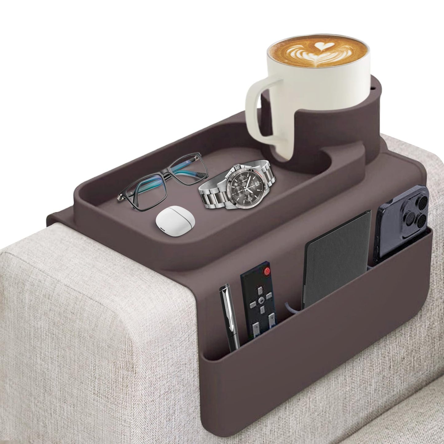 JNCST Sofa Armrest Tray - Silicone Couch Cup Holder with Anti-Slip Base & Multi-Pockets Spill-Proof Sofa Tray for Coffee