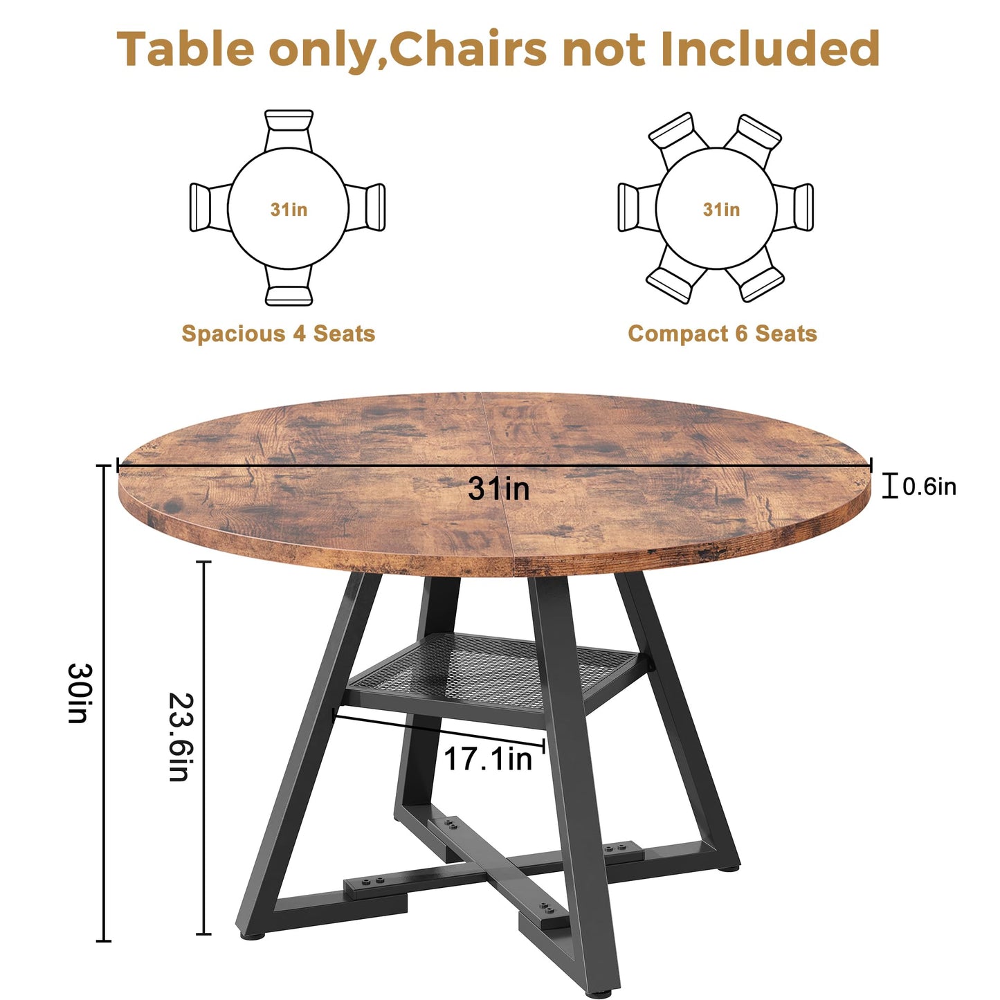 Jocoevol Round Dining Table for 2 People, Circle Dinner Table with Shelves, Space Saving Wood Kitchen & Dining Room Furniture (Vintage, 31 inch