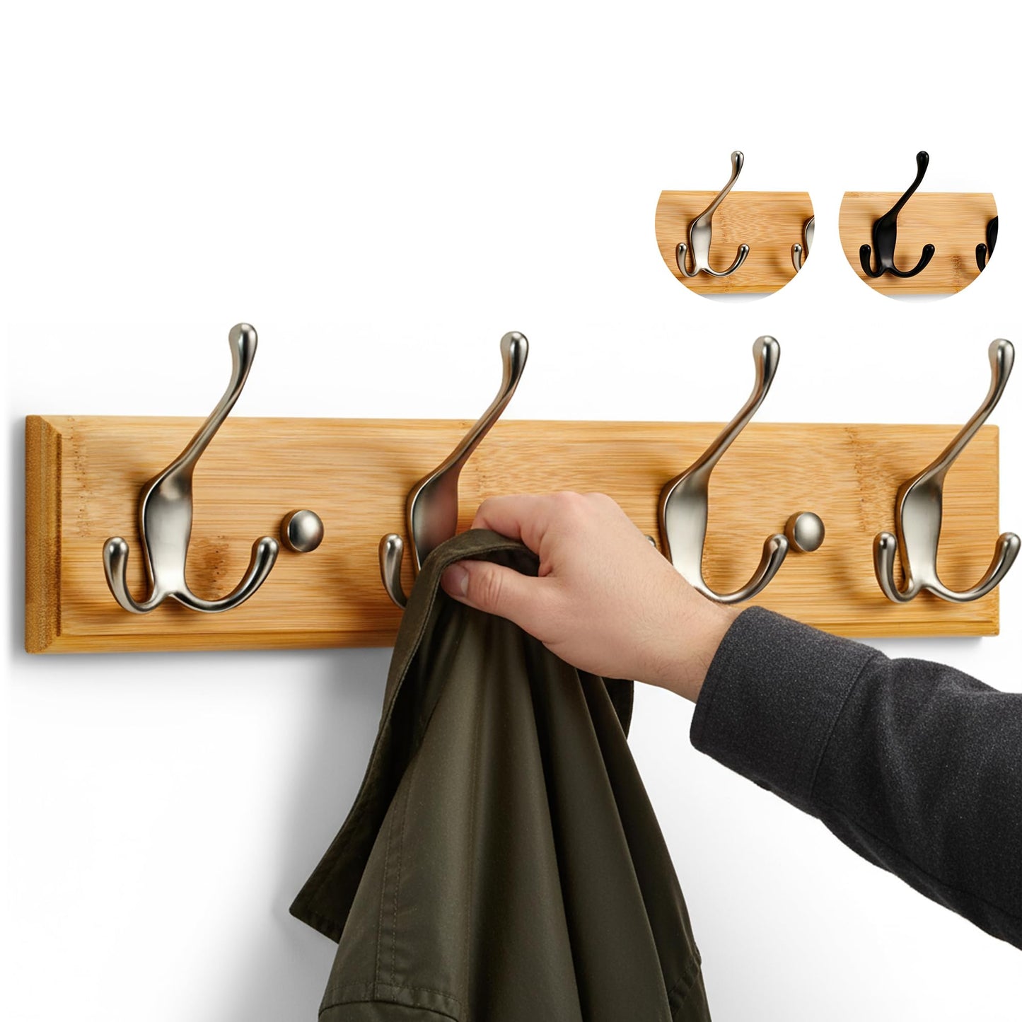 LARHN Wooden Wall-Mounted Coat Rack - 4 Matt-Nickel Coat Hooks, 42cm