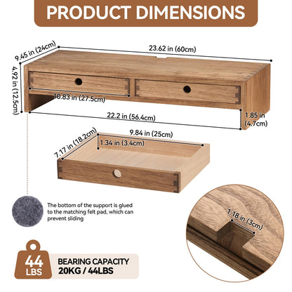 KIRIGEN Wood Monitor Stand with 2 Drawers Computer Arm Riser Desk Storage Organizer, TV Laptop Printer Stand,2-Tier Desktop Shelf Dark Brown