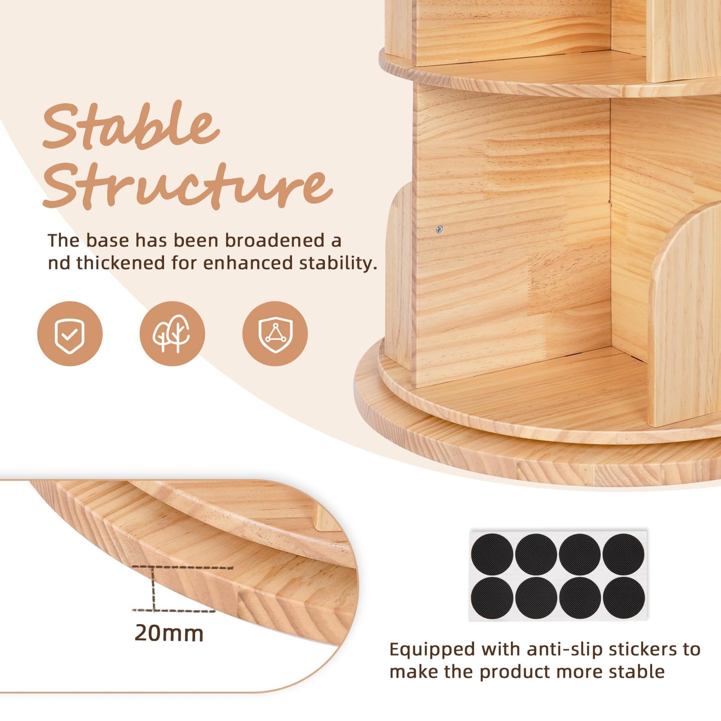 OOOK Wooden Rotating Bookshelf, 4-Tier 360° Spinning Solid Wood Revolving Bookcase, Space-Saving Floor Standing Spinning Bookshelf for Study Room