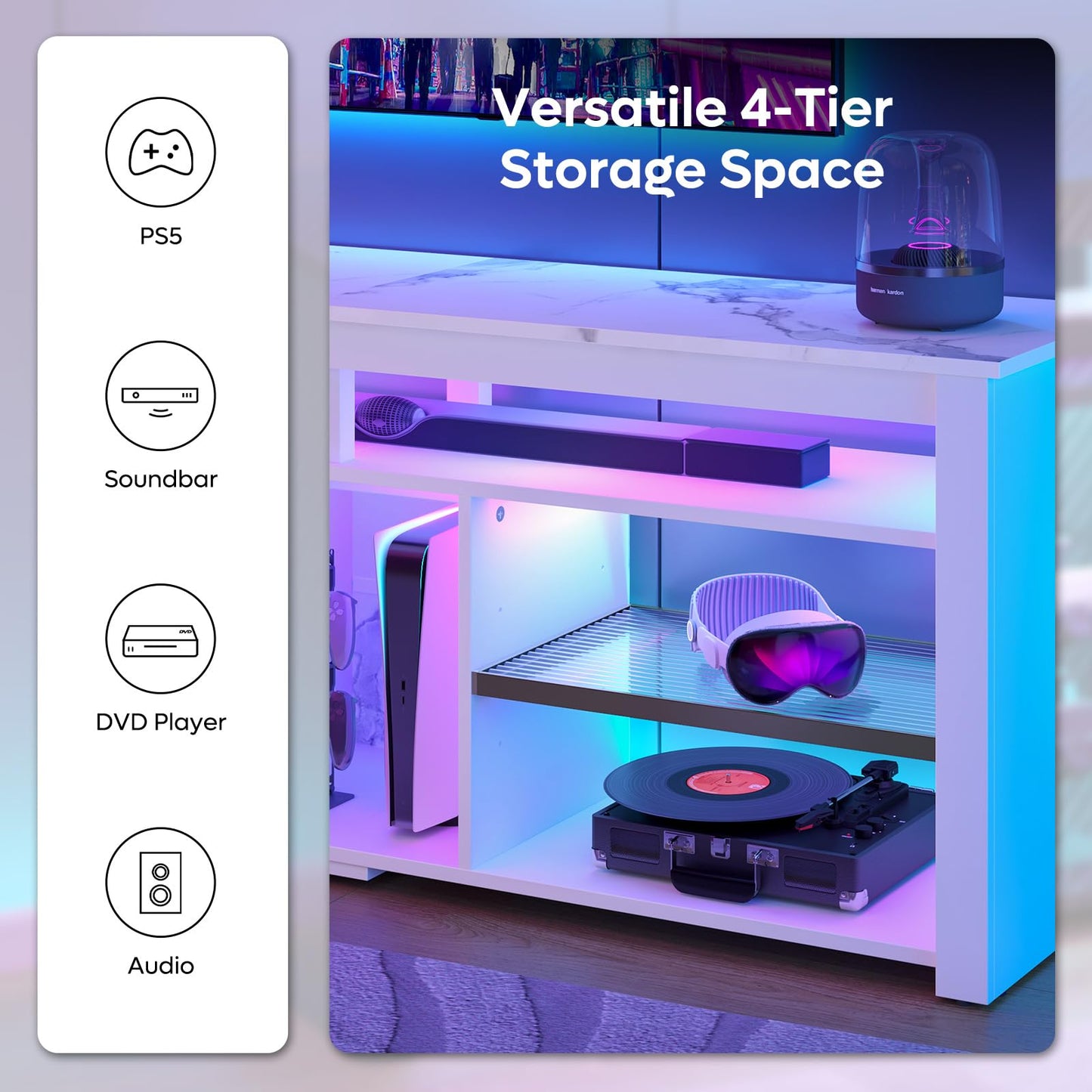 Bestier TV Stand for 70 inch TV, Tall Entertainment Center with 2 Led Lights, Gaming TV Console with Storage for PS5, Modern TV Cabinet for Bedroom