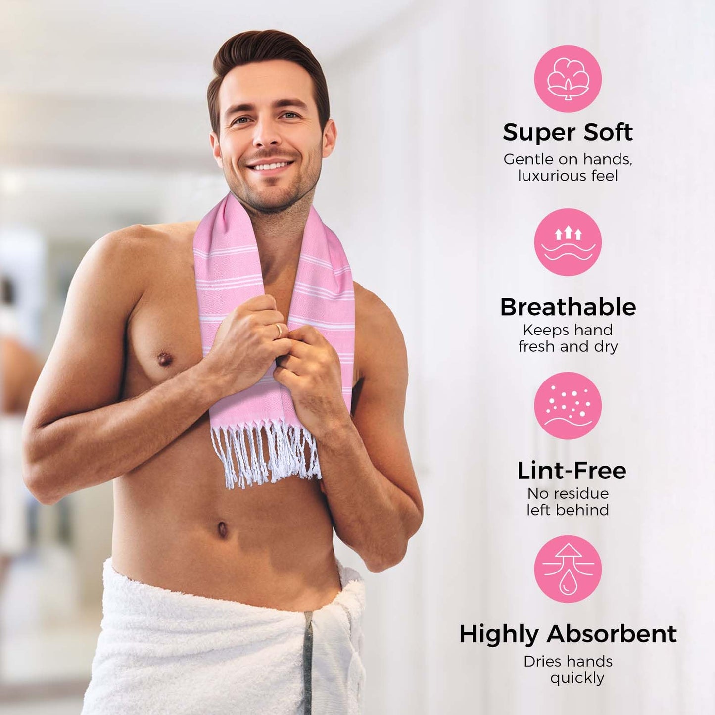 Ouxiaobai Hand Towels for Bathroom - Pack of 2 Turkish Hand Towels Set, Thin Decorative Tea Towel, 20 * 30 Inch Kitchen Cloth with Tassel (Pink)