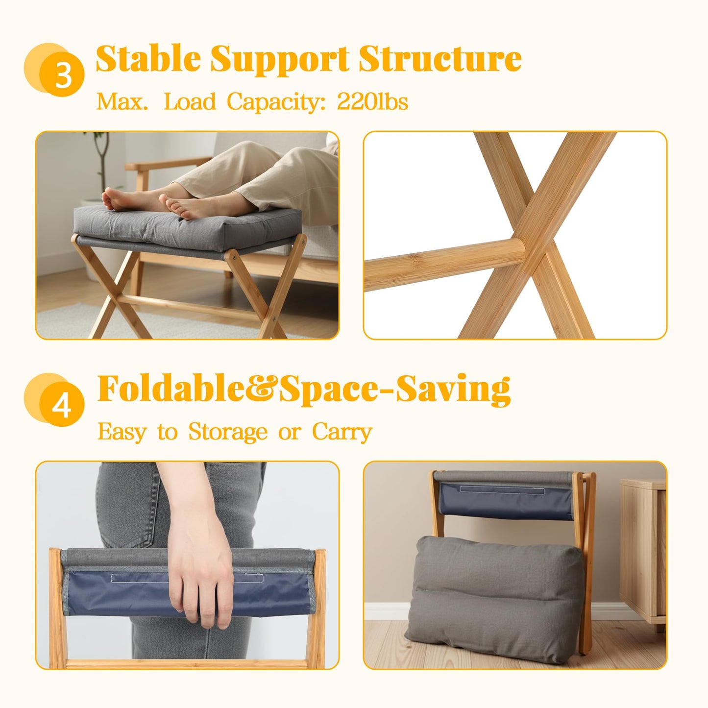 bimiti Folding Foot Stool Bamboo Foot Rest Foldable Ottoman Seat