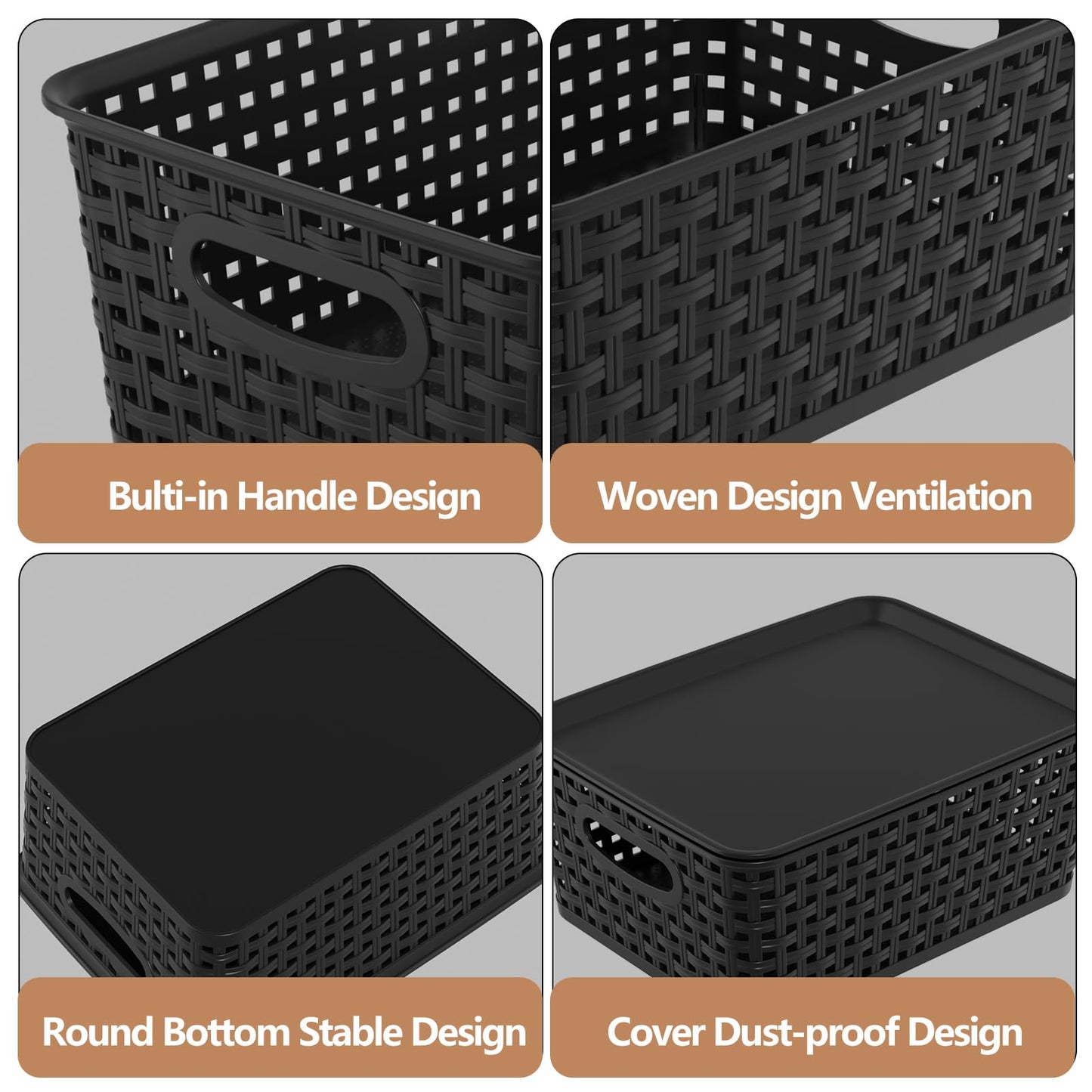 Oymlclivisa 6 Packs Woven Plastic Storage Baskets with Lids, Black
