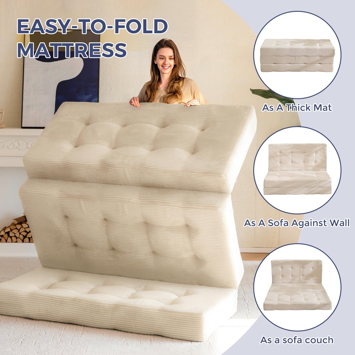 MAXYOYO Folding Mattress, Comfy Corduroy Foldable Mattress with 15cm Thicken Foam, Tri-Fold Floor Futon Sofa Bed for Guest,Off-white,Double