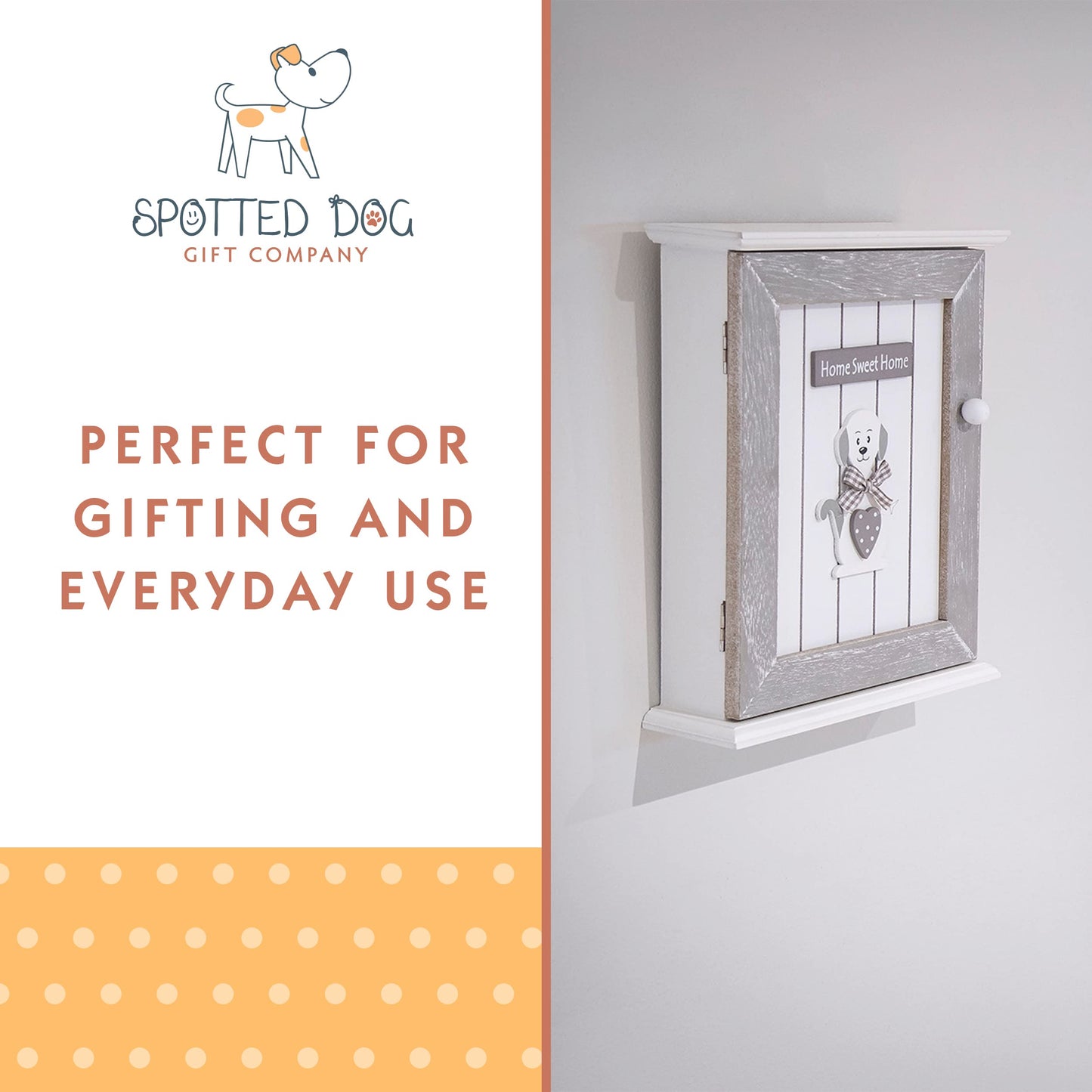 SPOTTED DOG GIFT COMPANY Key Box Wall Mounted Wooden Key Cupboard Cabinet with 6 Hooks for Hallway, Decorative Grey Dog Themed Home Decor