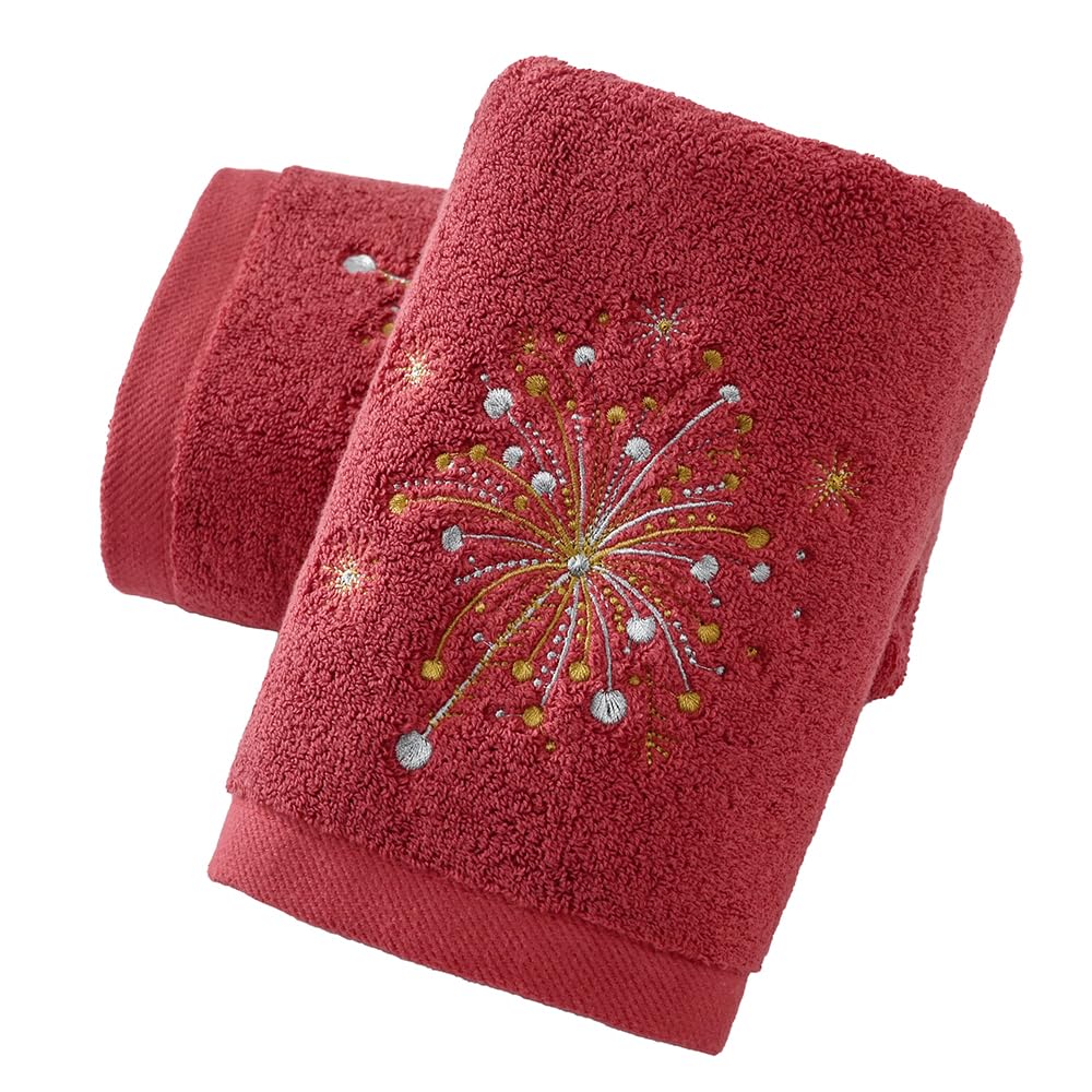 sense gnosis Celebratory Red Hand Towel Set of 2 Soft 100% Cotton Thick Absorbent Fireworks Embroidered Design Luxury Hand Towels for Bathroom Hotel